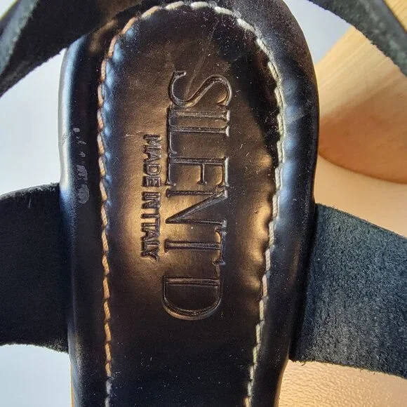 Anthropologie Silent D Italian Black Leather Wooden Fisherman Heels Sz 41 - Picture 10 of 11